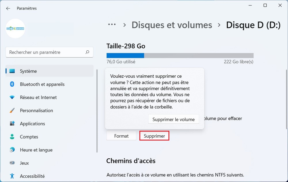 Supprimer une partition de disque sur Windows 11