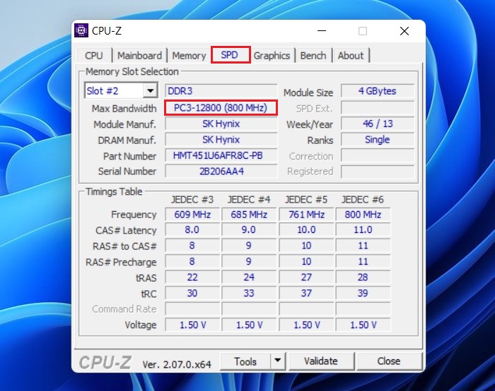 Vérifier la vitesse de la RAM à l'aide de CPU-Z