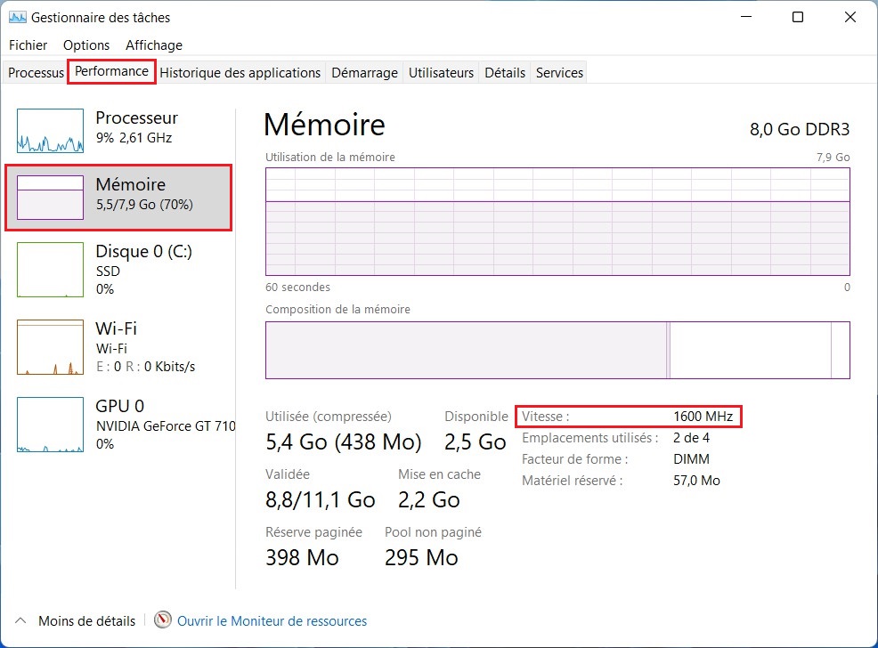 Vérifier la vitesse de la RAM à partir du gestionnaire de tâches