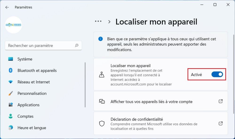 Activer la fonction Localiser mon appareil