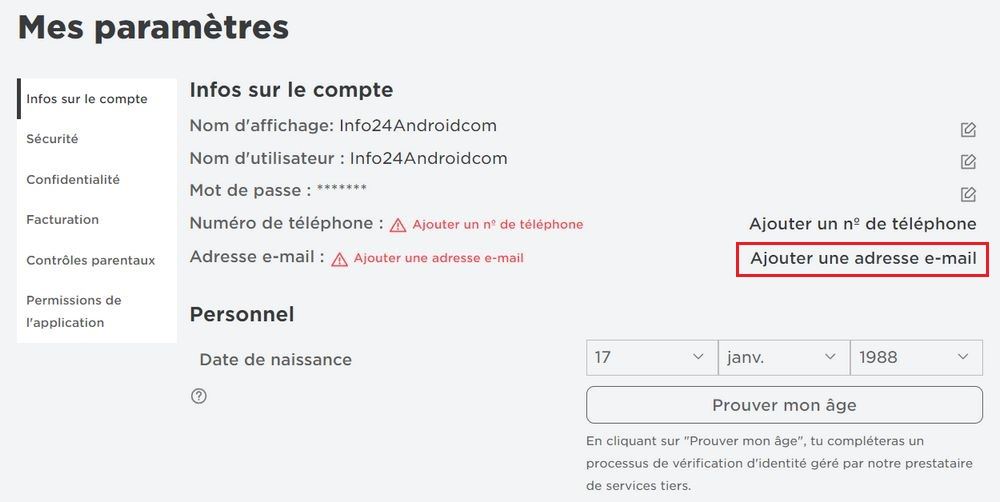 Ajouter une adresse e-mail Roblox