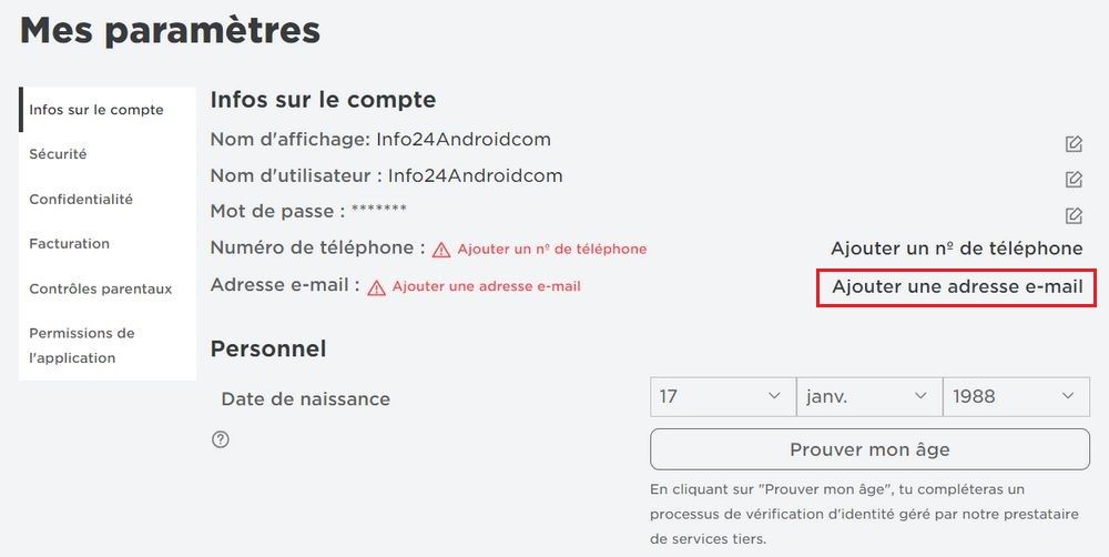 Ajouter une adresse e-mail Roblox