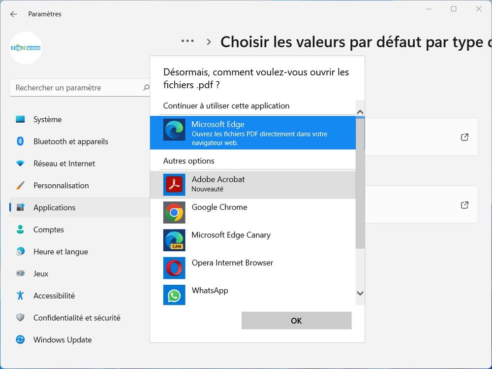 Changer le lecteur PDF par défaut dans Windows 11