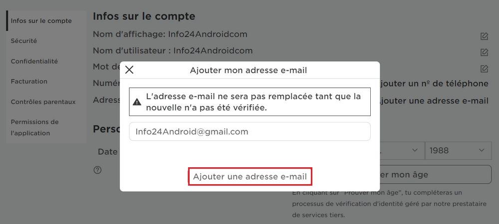Comment ajouter votre adresse email dans Roblox