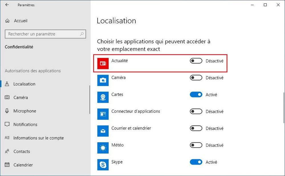 Désactiver la localisation pour certaines applications