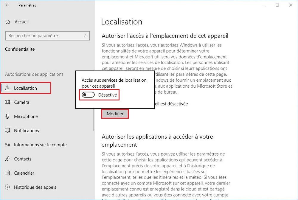 Désactiver la localisation sur Windows 10