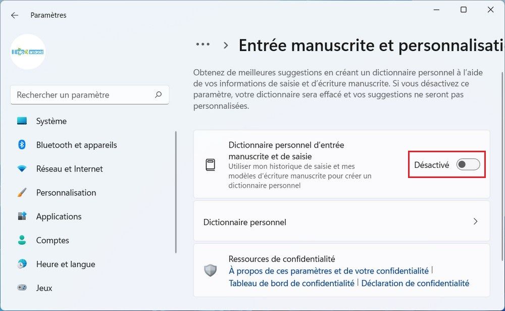 Désactiver le dictionnaire personnel d'entrée manuscrites et de saisie