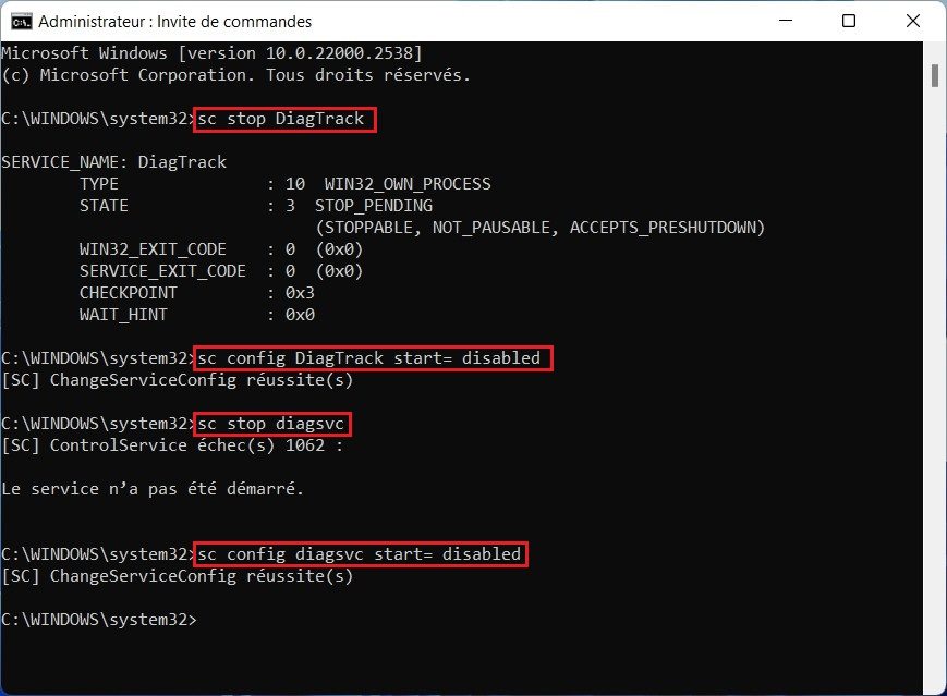 Désactiver les données de diagnostic avec CMD