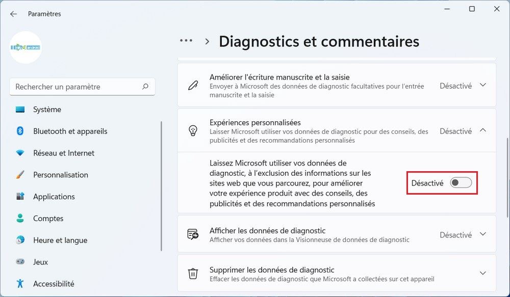 Désactiver les expériences personnalisées