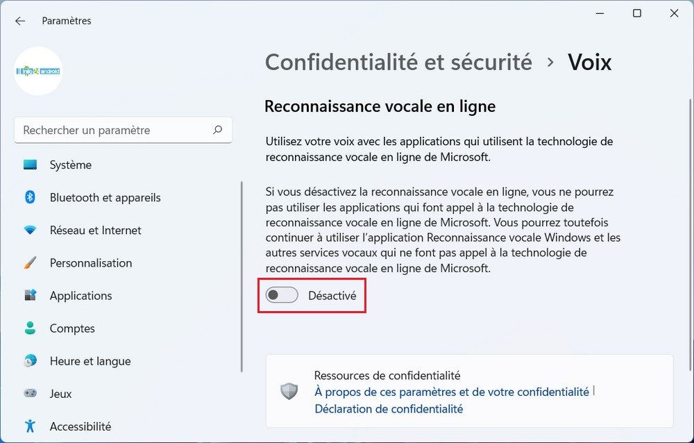 Désactivez le reconnaissance vocale en ligne