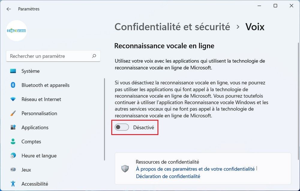 Désactivez le reconnaissance vocale en ligne