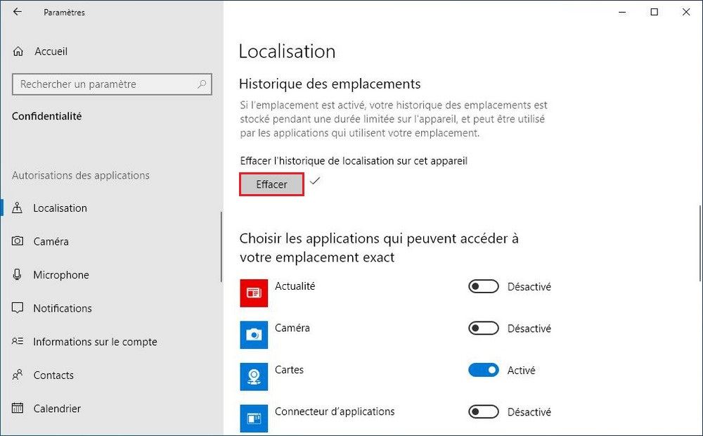 Effacer l'historique de localisation