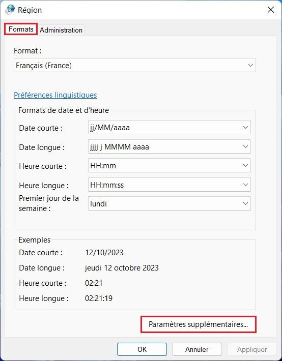 Formats de la date et d'heure