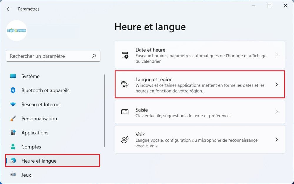 Heure et langue Windows 11