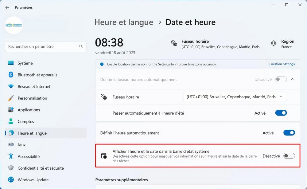 Masquer l'heure et la date dans Windows 11