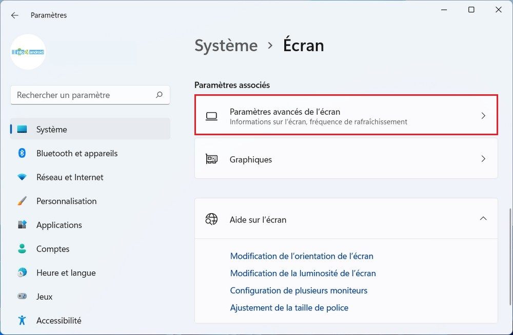 Paramètres avancés de l'écran