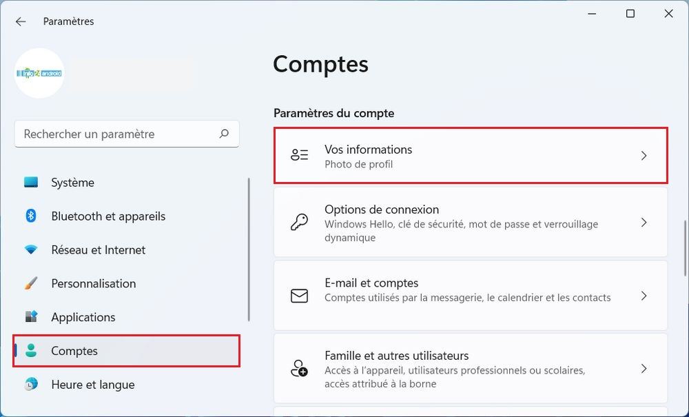 Paramètres du compte Windows 11