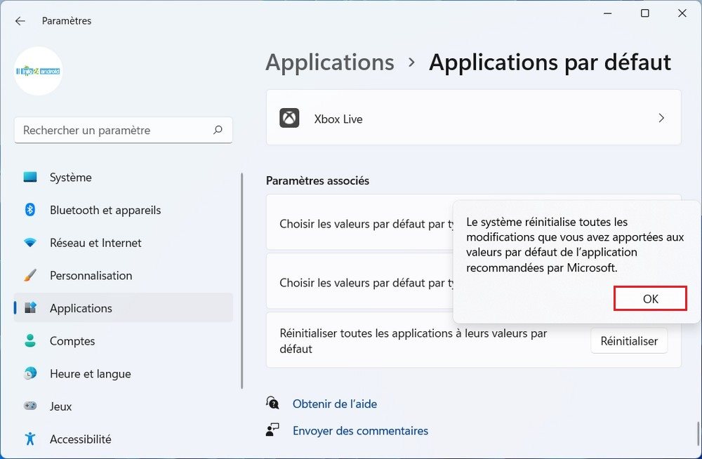 Réinitialiser les applications par défaut