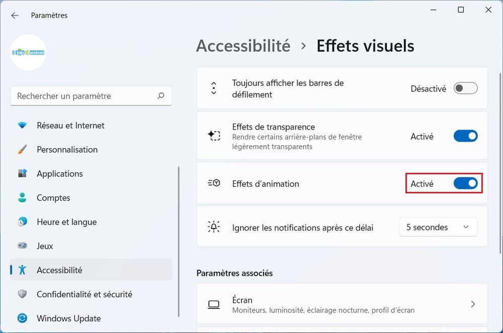 Activer les effets d'animation dans Windows 11