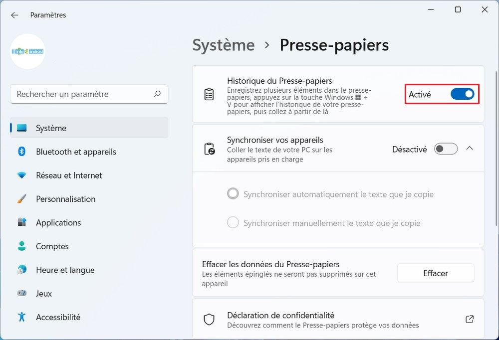 Activer l'historique du Presse-papiers