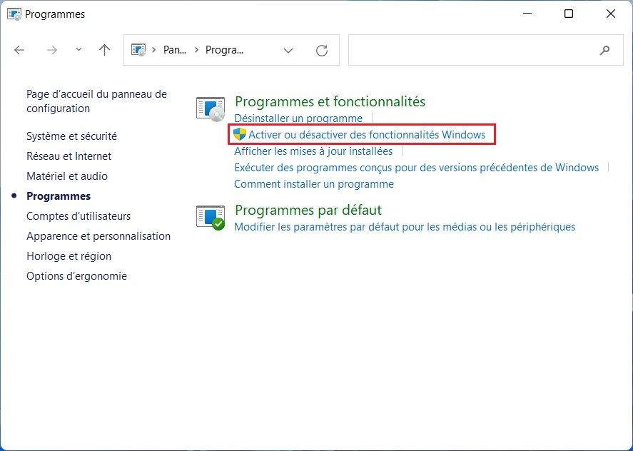 Activer ou désactiver des fonctionnalités Windows