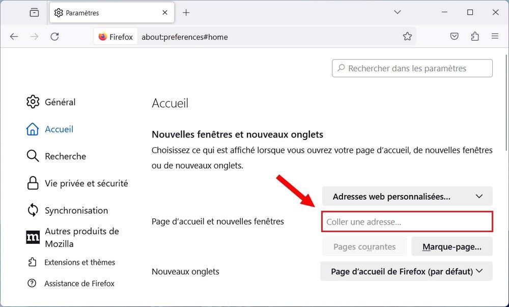 Changer la page d'accueil sur Firefox