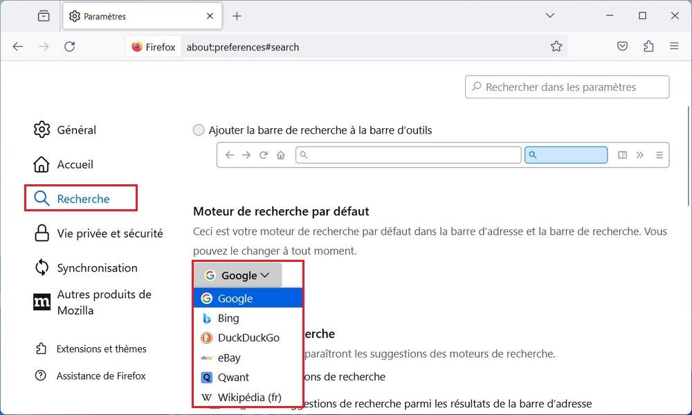 Changer le moteur de recherche par défaut