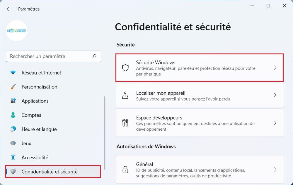 Confidentialité et sécurité Windows 11