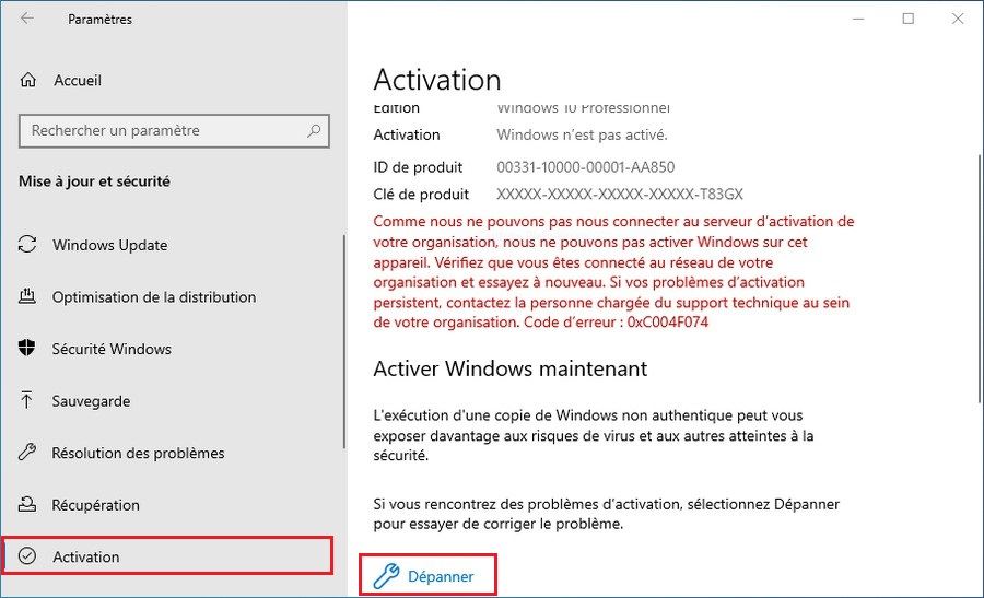 Corriger l'erreur d'activation 0xC004F074