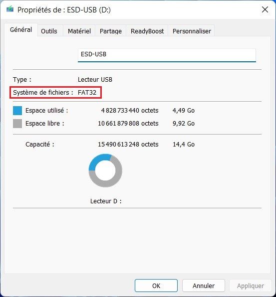 Le type de système de fichiers USB