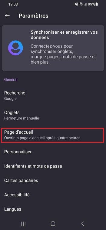 Page d'accueil Firefox sur Android