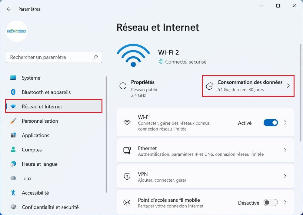 Paramètres Réseau et Internet