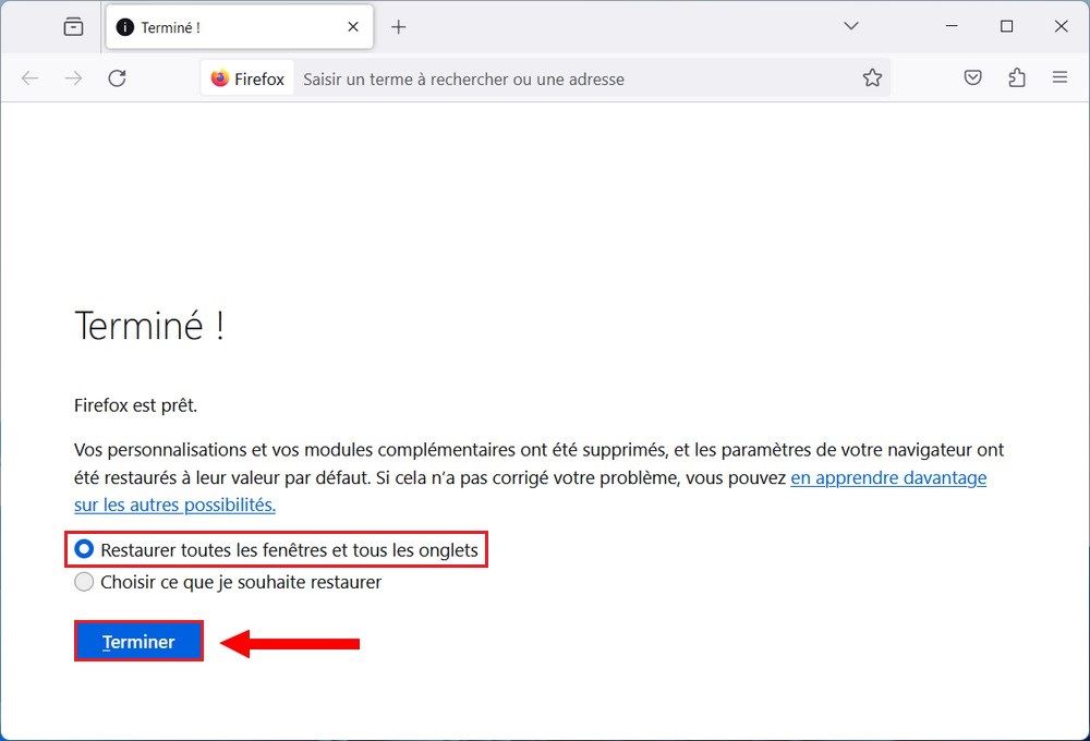 Restaurer toutes les fenêtres et tous les onglets
