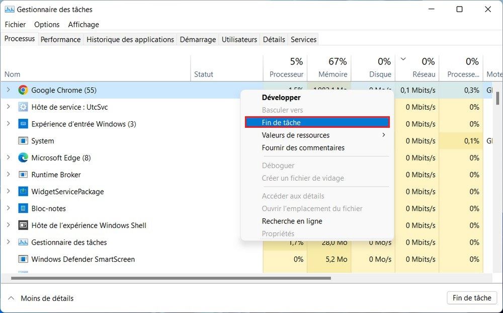 Sélectionnez Fin de tâche