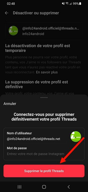 Supprimer le profil Threads