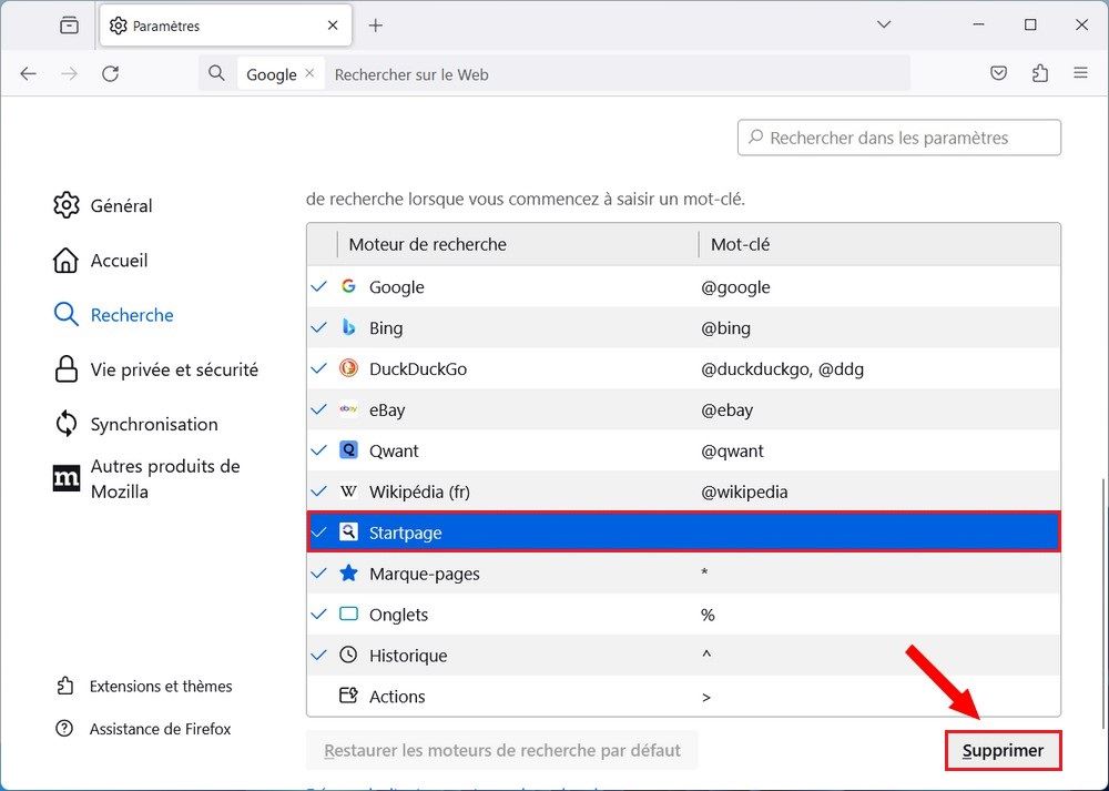Supprimer un moteur de recherche