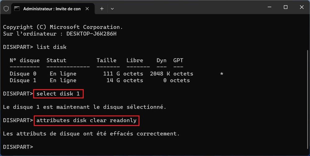 Utiliser Diskpart pour retirer la protection en écriture