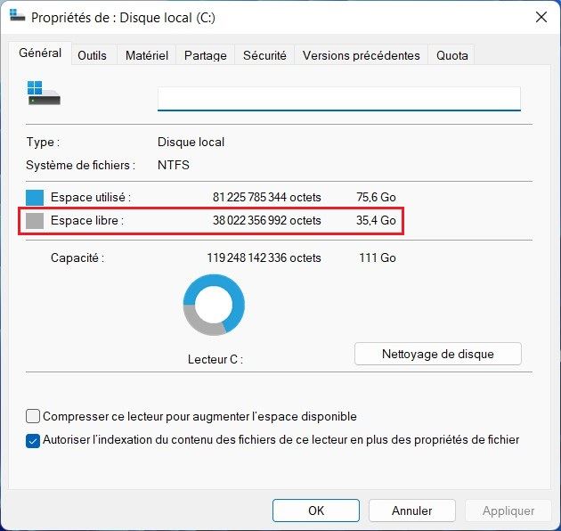 Vérifier l'espace disque libre