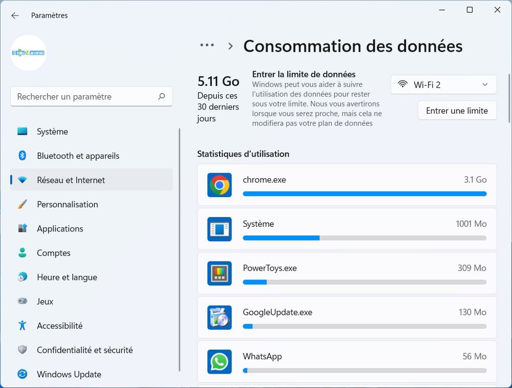 Voir les données Internet consommées par les applications