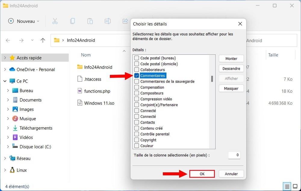 Activer la colonne de commentaires de l'explorateur de fichiers