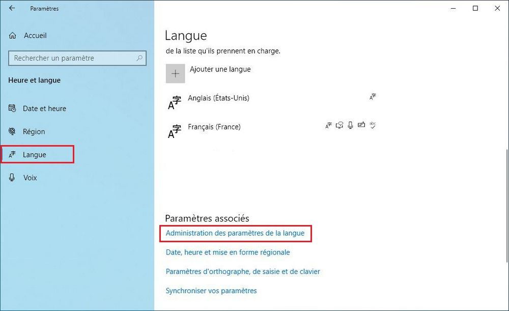 Changer de langue Windows 10