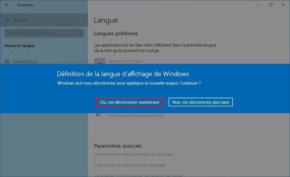 Changer de langue dans Windows 10