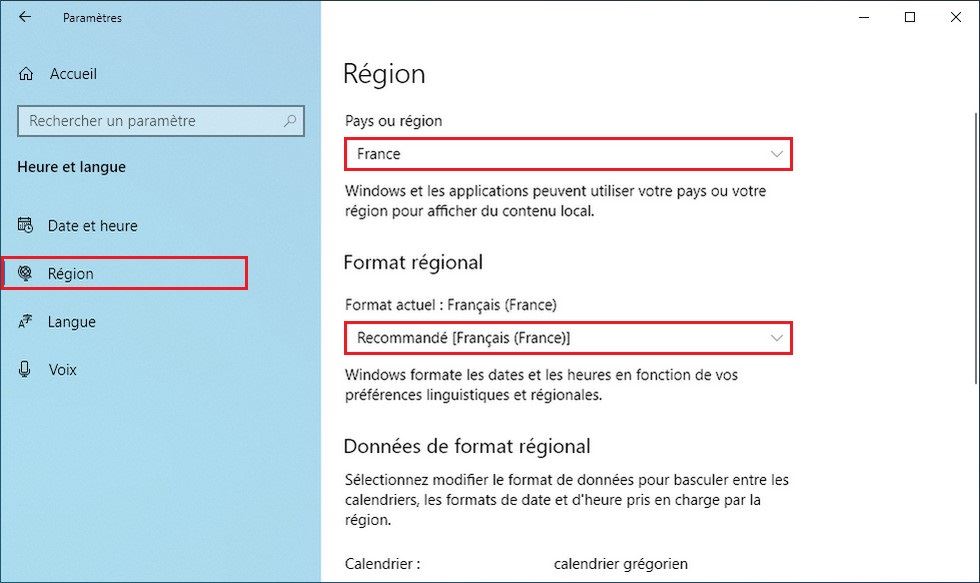 Changer de pays ou de région dans Windows 10
