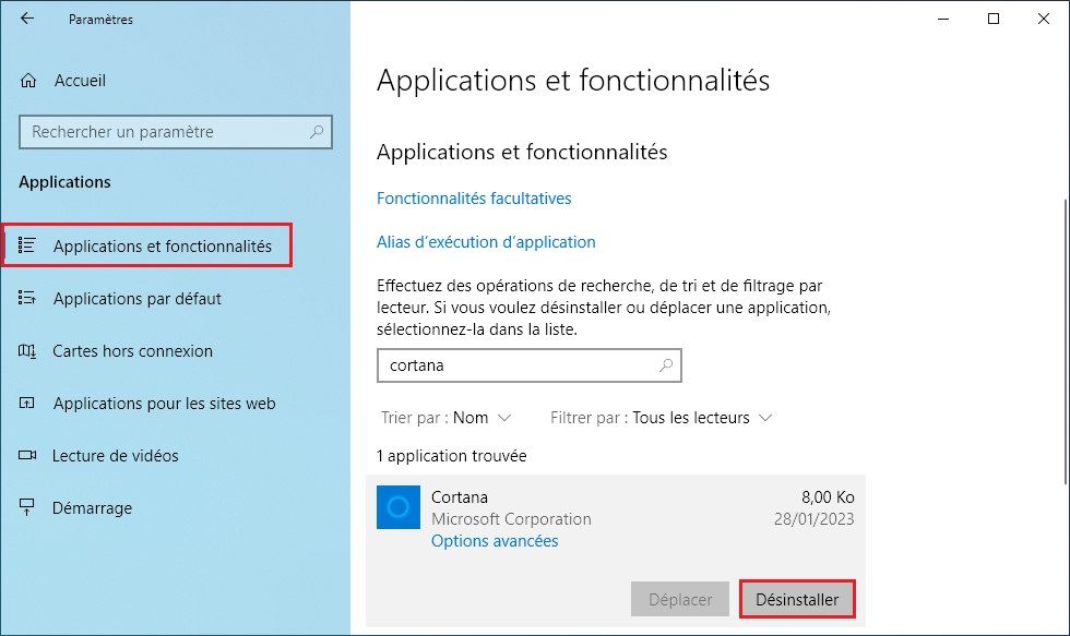 Désinstaller complètement Cortana