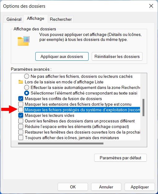 Masquer les fichiers protégés du système d'exploitation