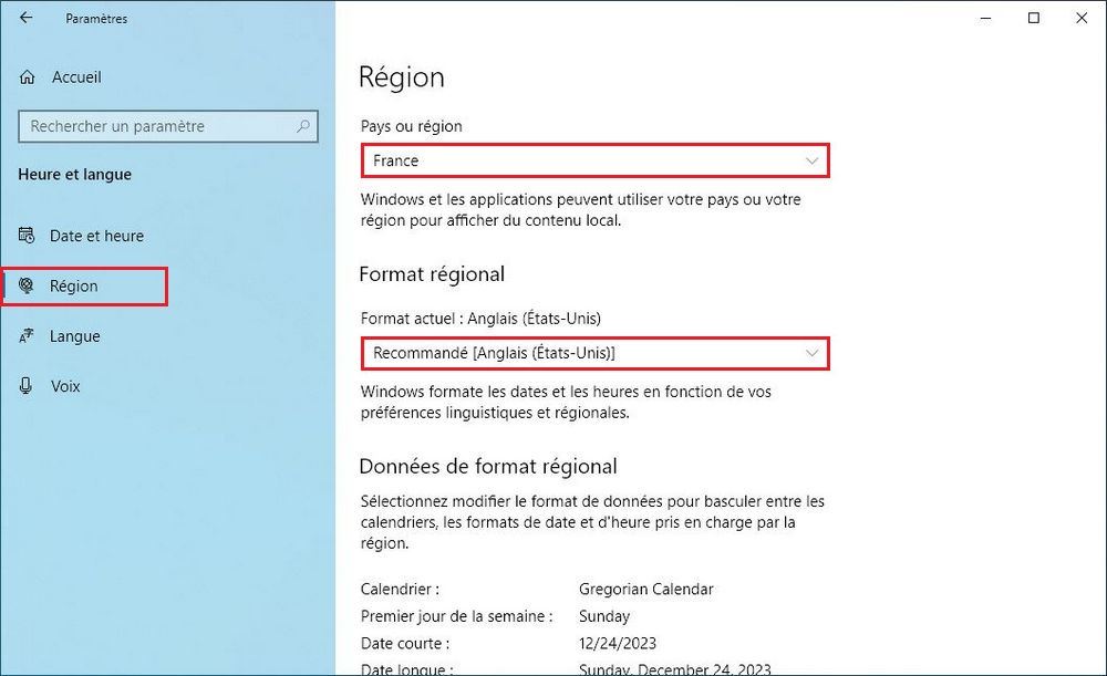 Modifier les paramètres de région sur Windows 10