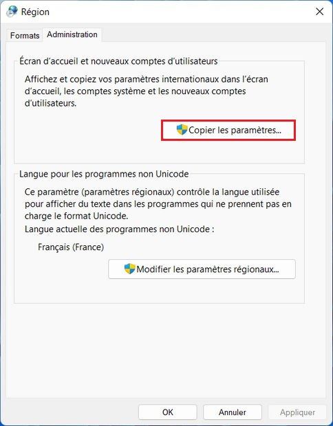 Modifier les paramètres de région