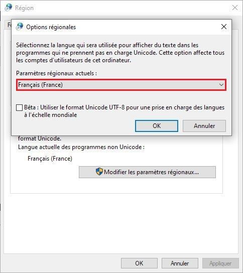 Paramètres de langue administratifs