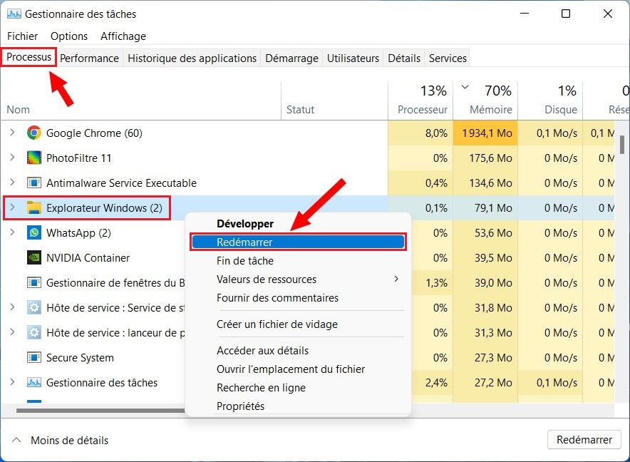 Redémarrer l'Explorateur Windows