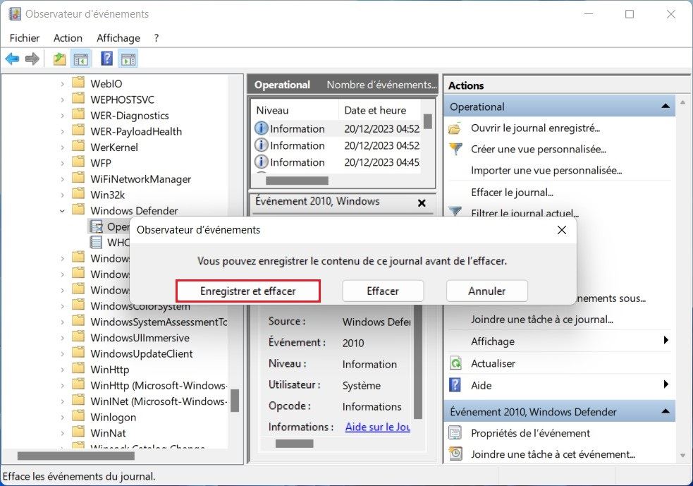 Supprimer l'historique de protection Windows Defender